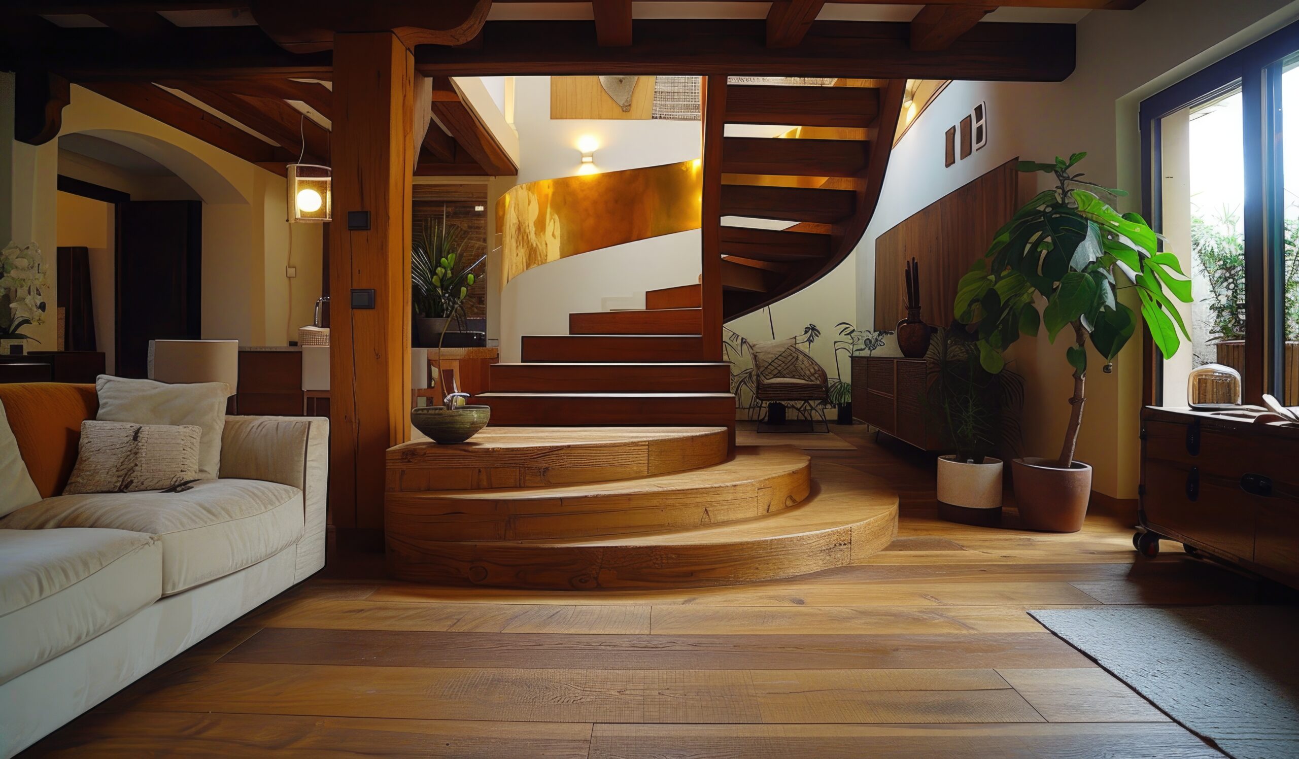 A modern living room showcasing beautiful engineered wood floors, highlighting the impact of property valuation.